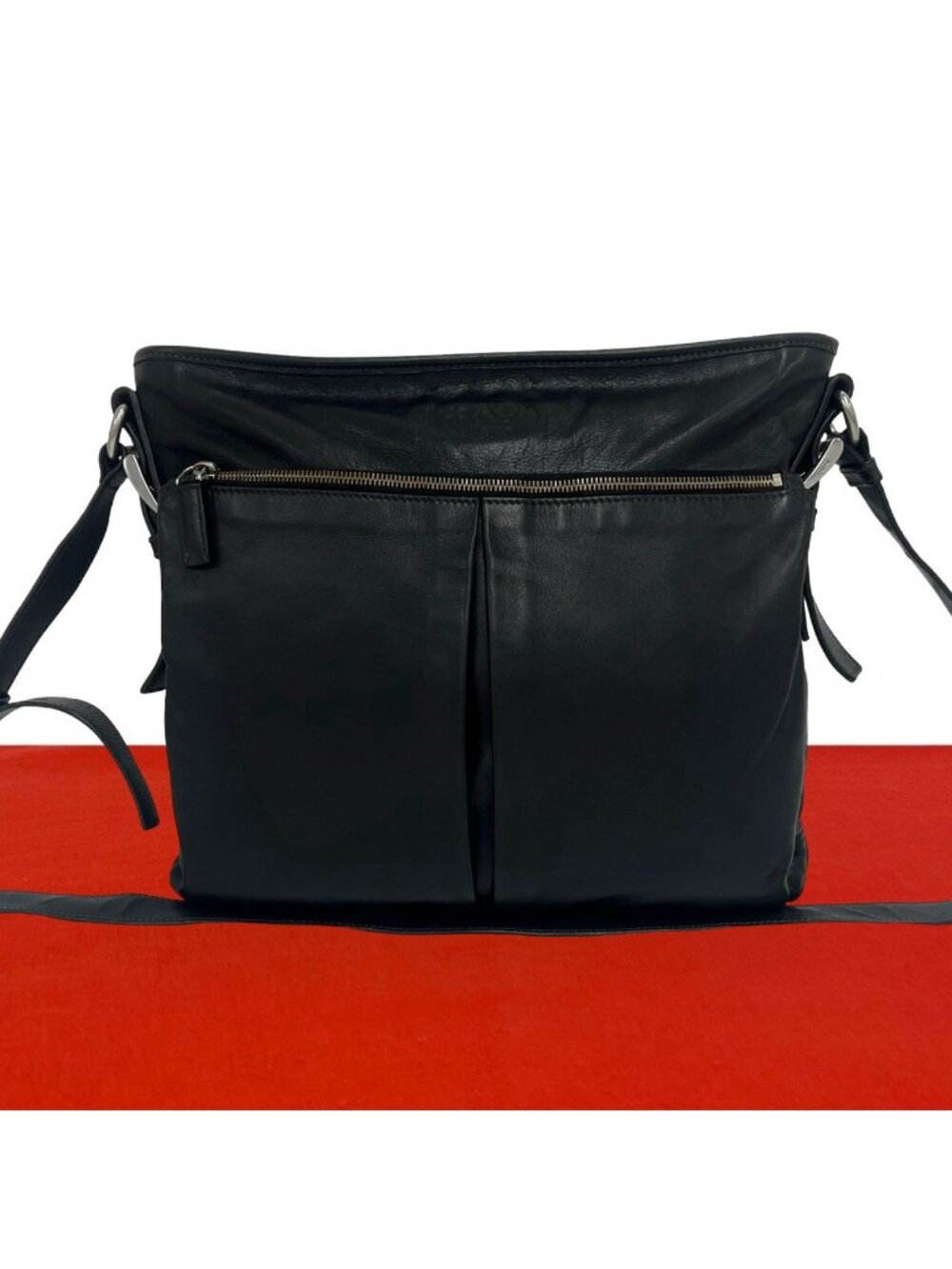 Prada Logo Embossed Leather Shoulder Bag Tote Black